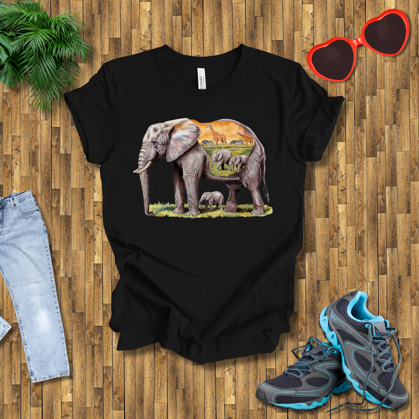 Elephant , Zebras and Giraffes grazing T-Shirt