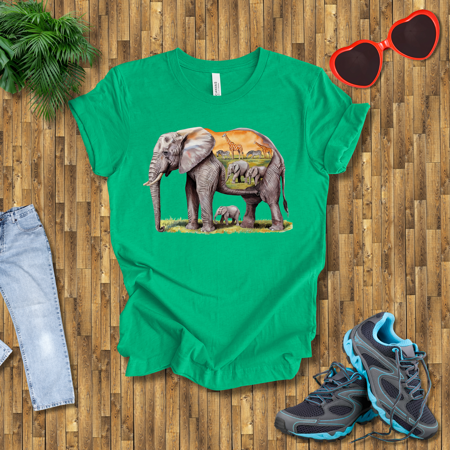 Elephant , Zebras and Giraffes grazing T-Shirt