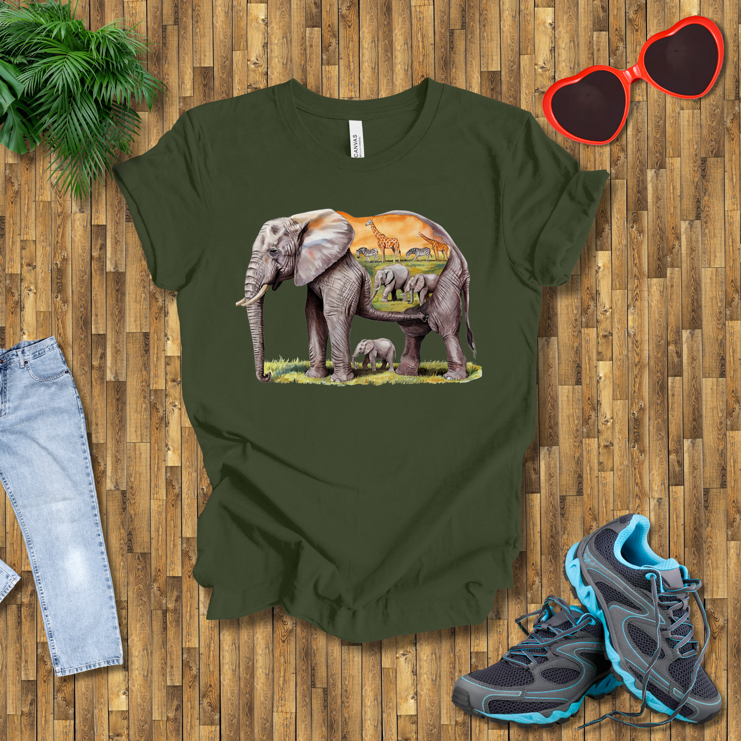 Elephant , Zebras and Giraffes grazing T-Shirt
