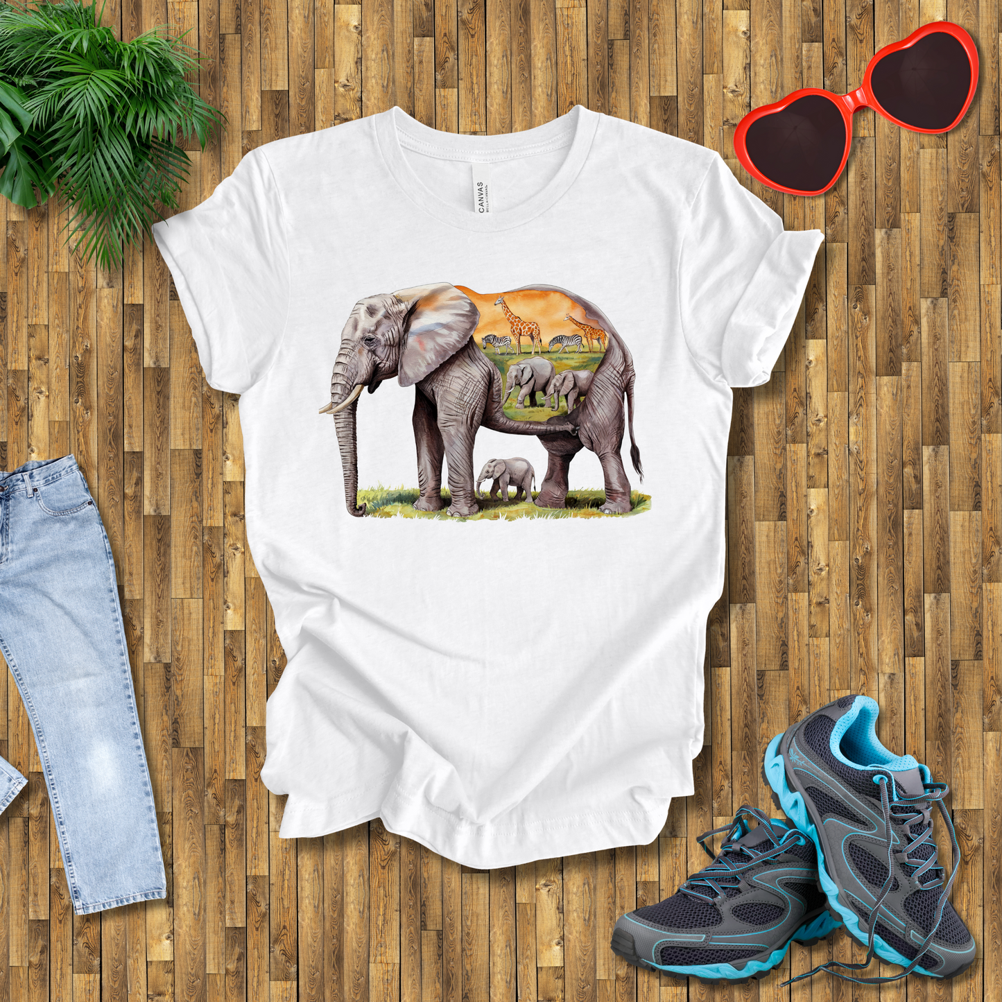 Elephant , Zebras and Giraffes grazing T-Shirt