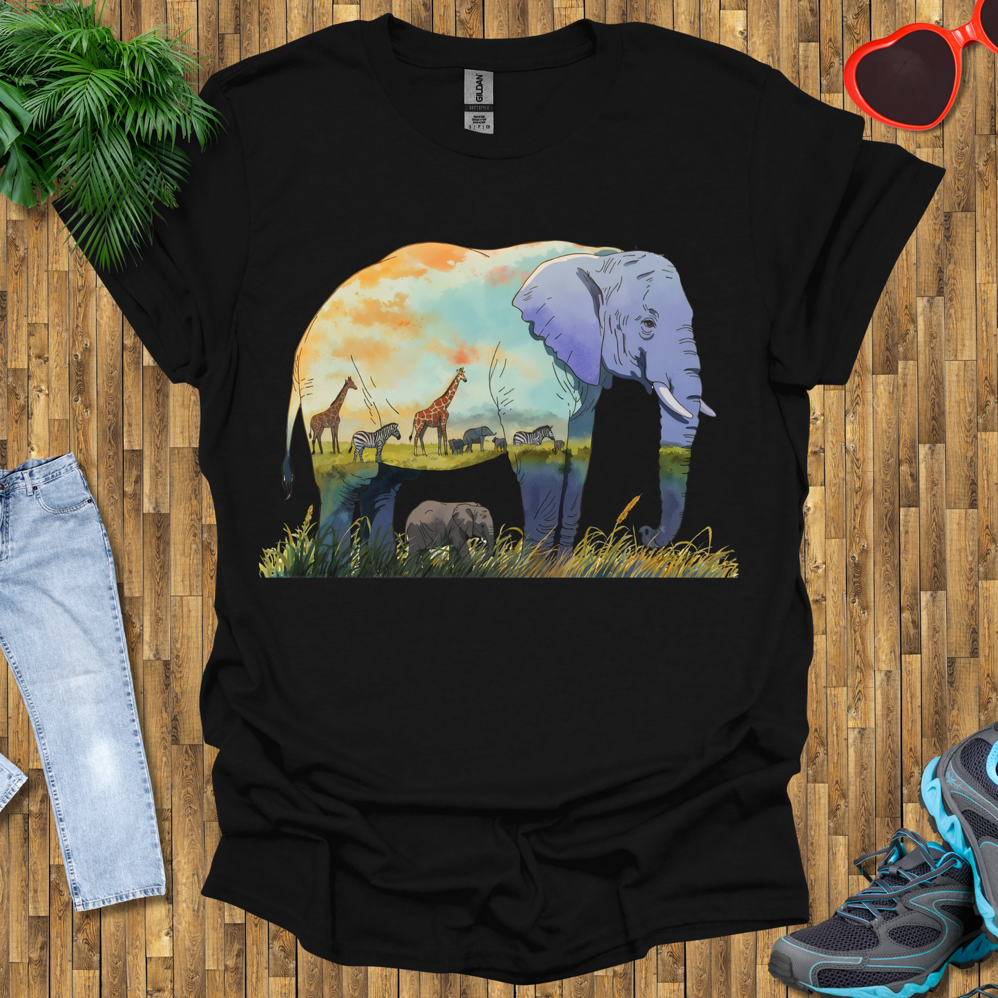 Elephant , Zebras and Giraffes grazing T-Shirt