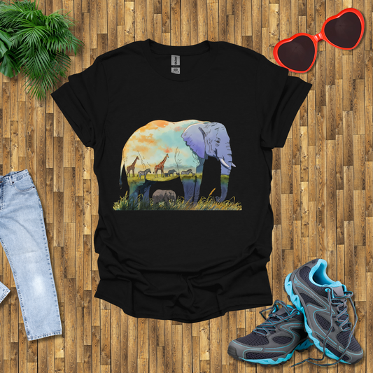 Elephant , Zebras and Giraffes grazing T-Shirt