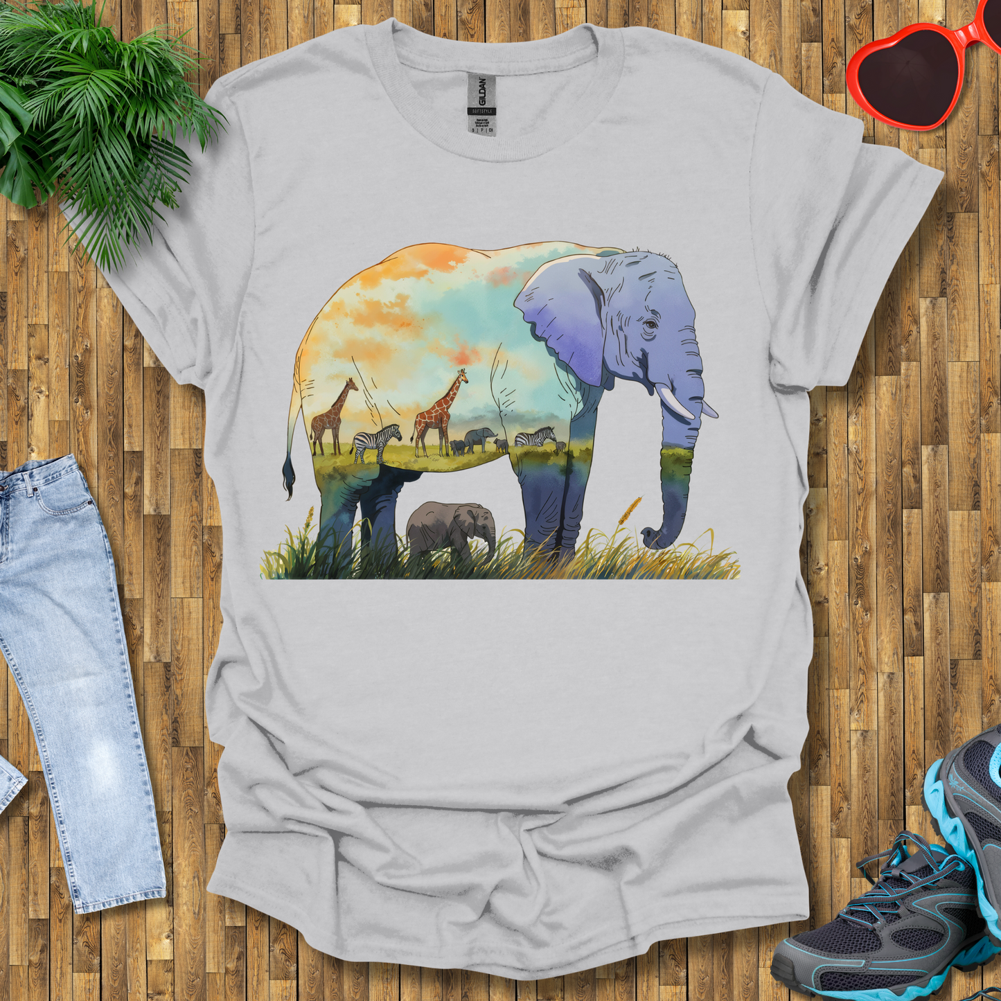Elephant , Zebras and Giraffes grazing T-Shirt