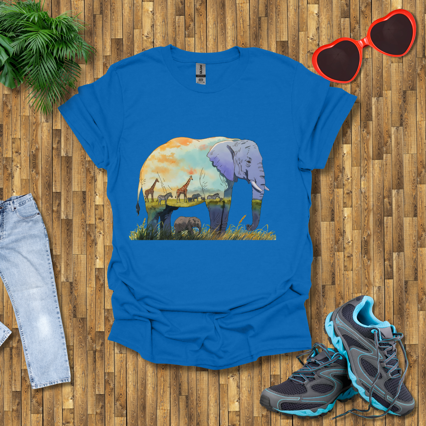 Elephant , Zebras and Giraffes grazing T-Shirt