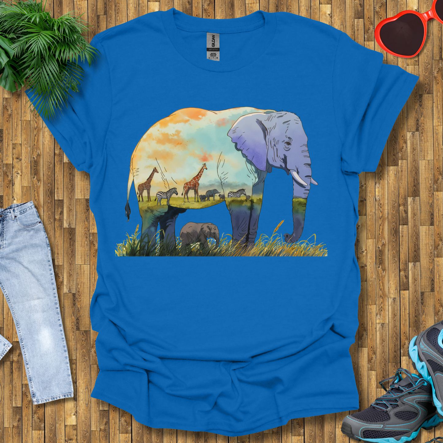 Elephant , Zebras and Giraffes grazing T-Shirt