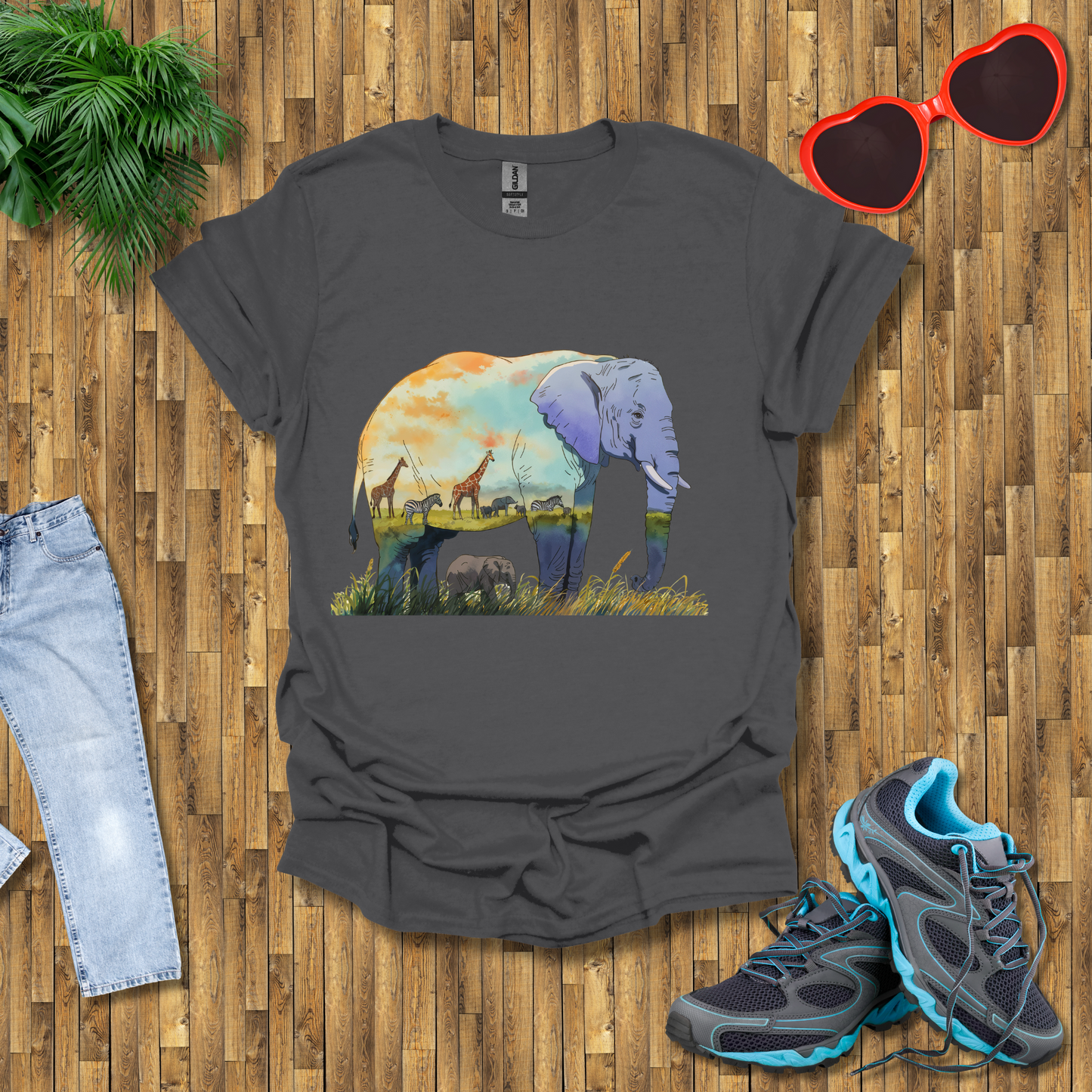 Elephant , Zebras and Giraffes grazing T-Shirt