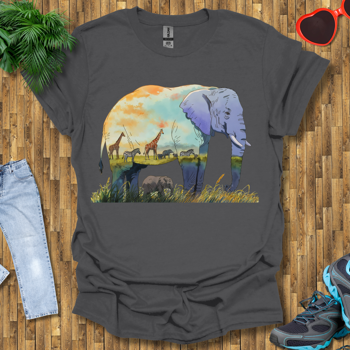 Elephant , Zebras and Giraffes grazing T-Shirt