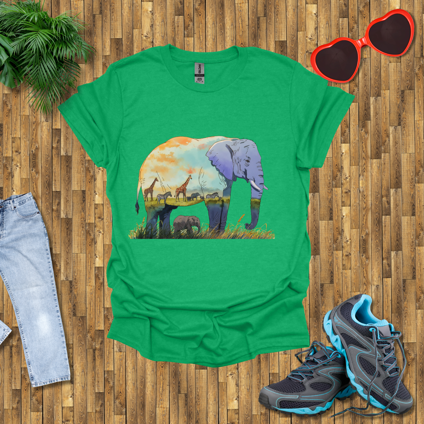 Elephant , Zebras and Giraffes grazing T-Shirt