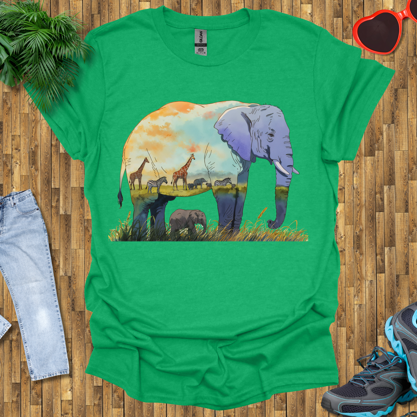 Elephant , Zebras and Giraffes grazing T-Shirt