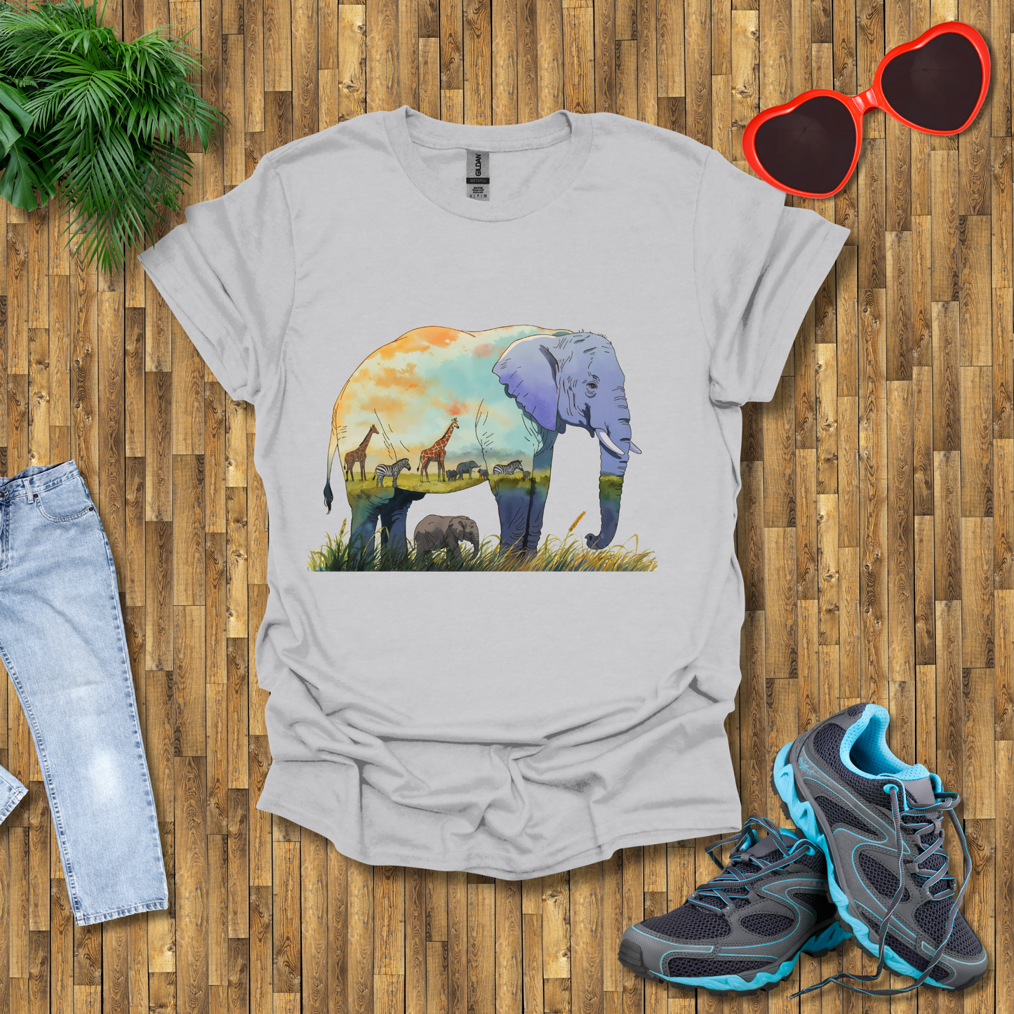 Elephant , Zebras and Giraffes grazing T-Shirt