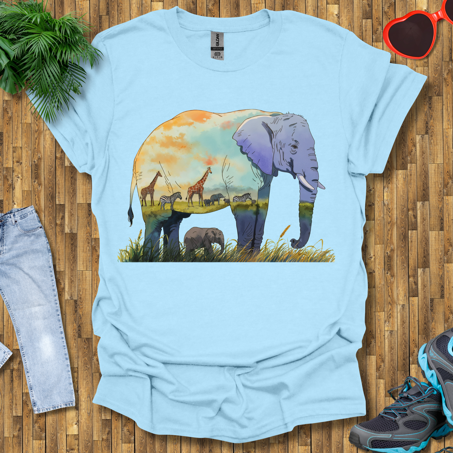 Elephant , Zebras and Giraffes grazing T-Shirt