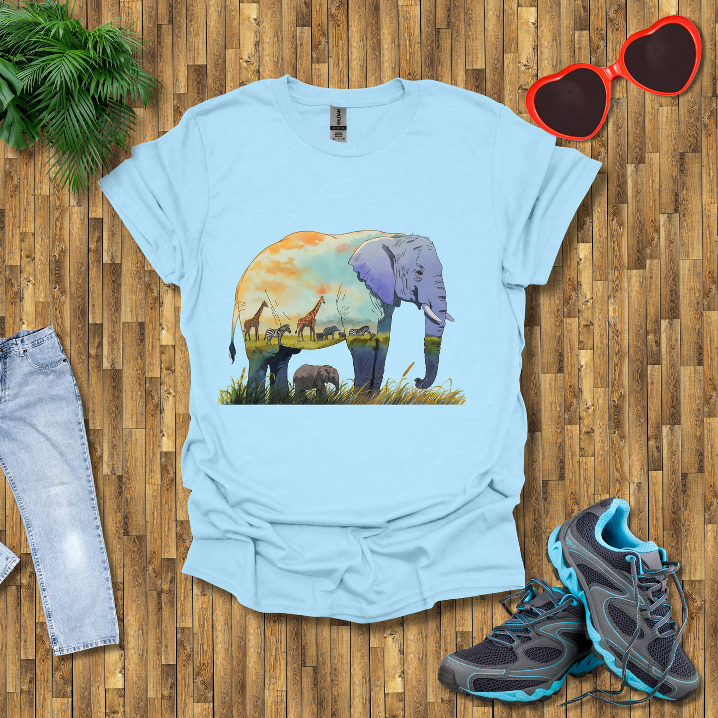 Elephant , Zebras and Giraffes grazing T-Shirt