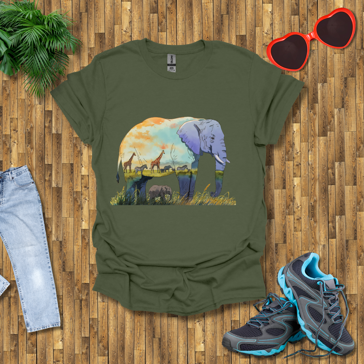 Elephant , Zebras and Giraffes grazing T-Shirt