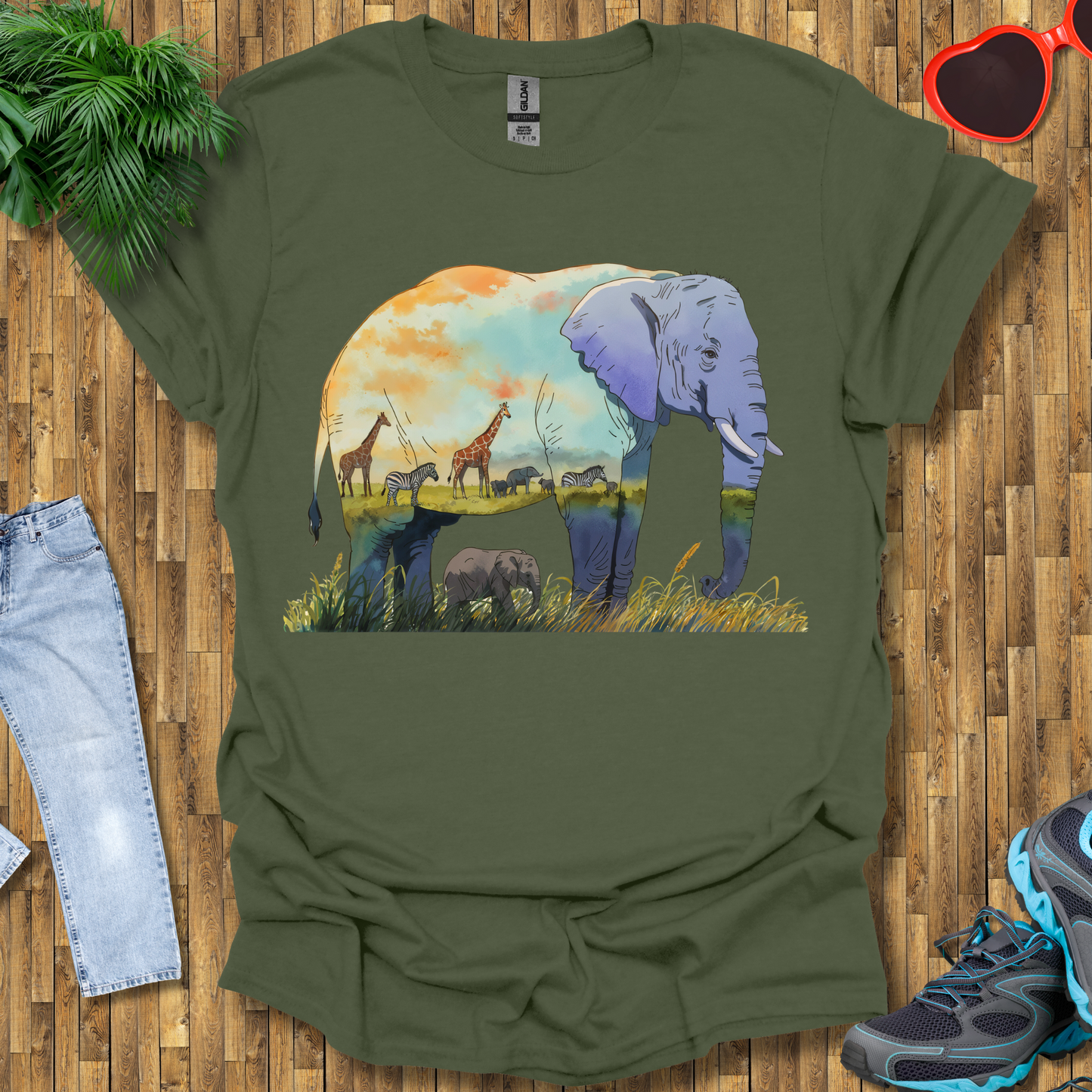 Elephant , Zebras and Giraffes grazing T-Shirt
