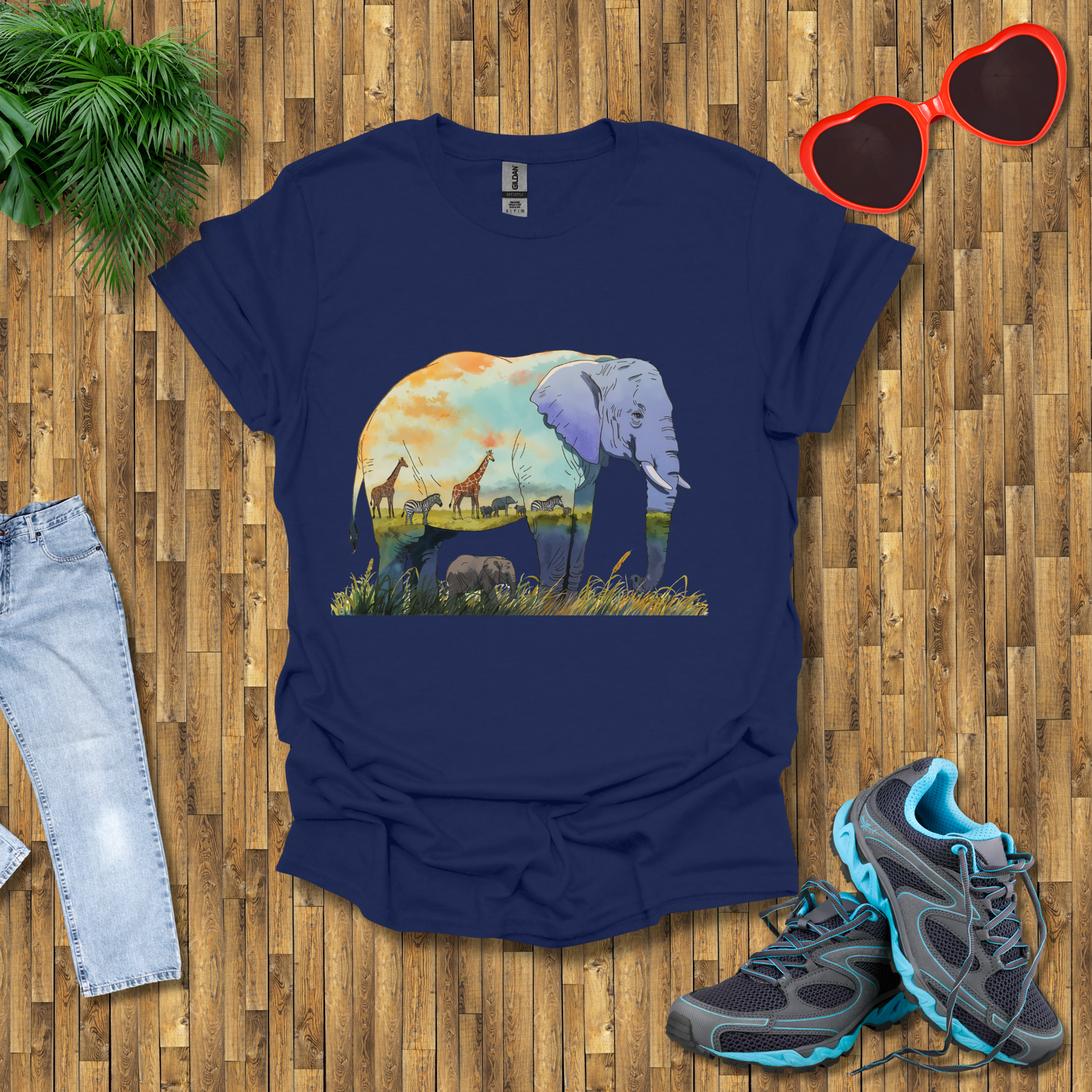 Elephant , Zebras and Giraffes grazing T-Shirt