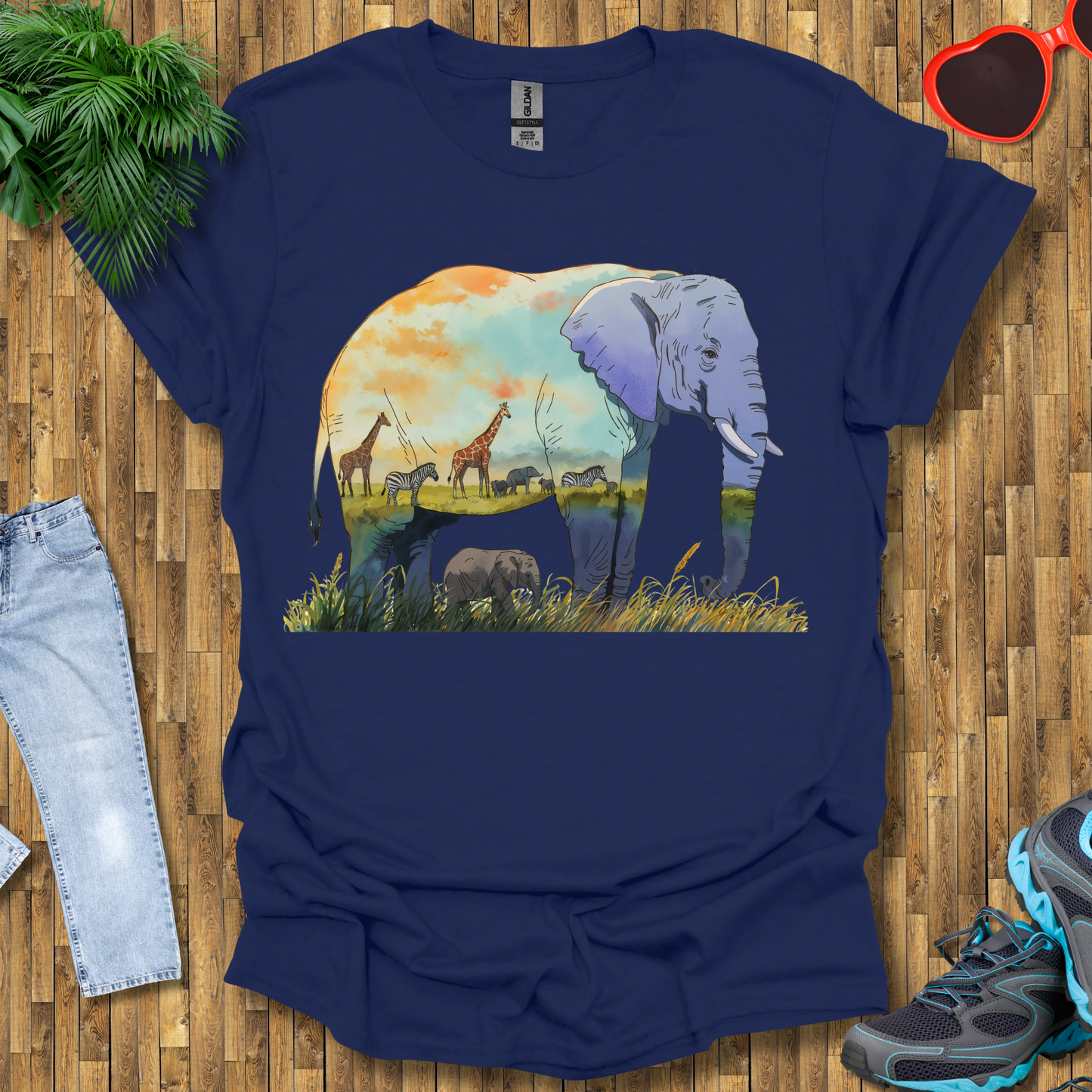 Elephant , Zebras and Giraffes grazing T-Shirt