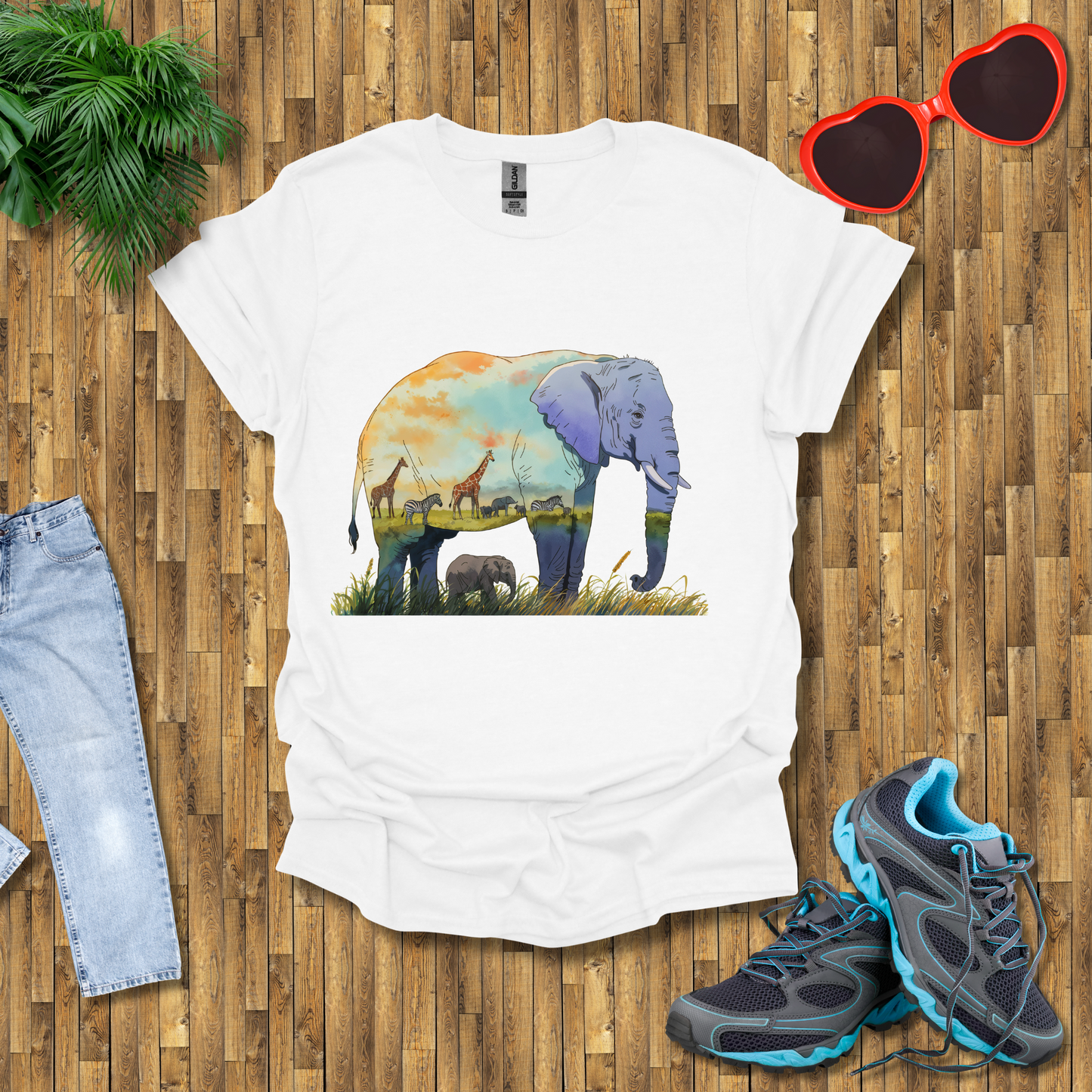 Elephant , Zebras and Giraffes grazing T-Shirt