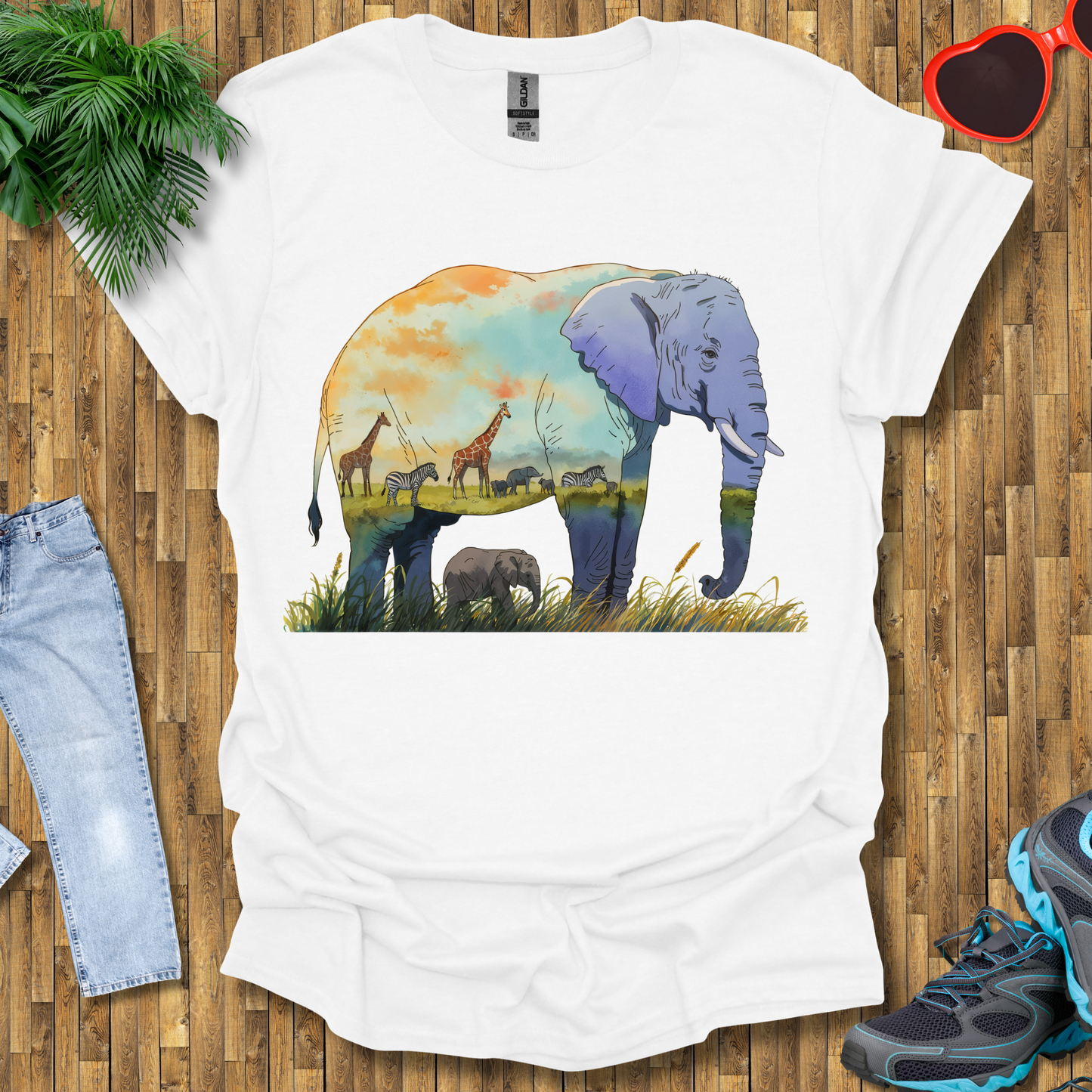 Elephant , Zebras and Giraffes grazing T-Shirt
