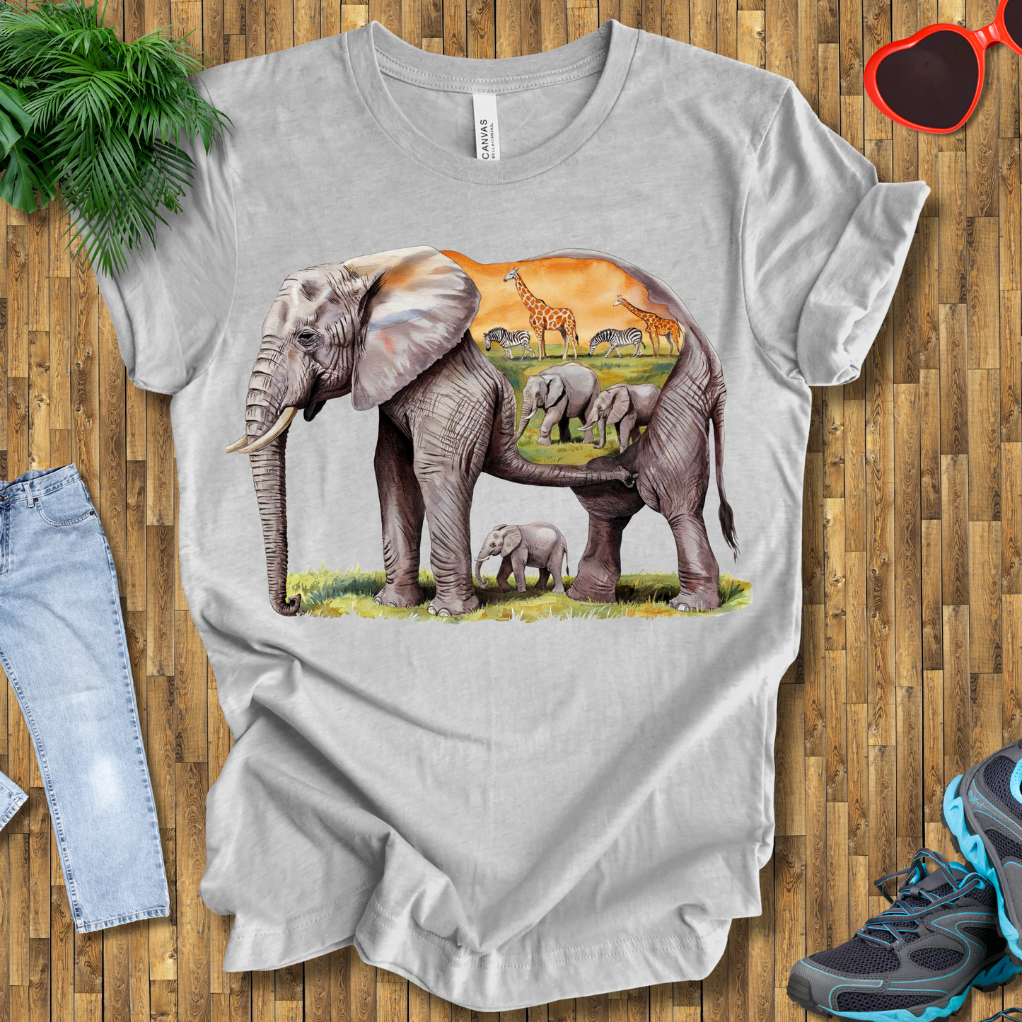 Elephant , Zebras and Giraffes grazing T-Shirt