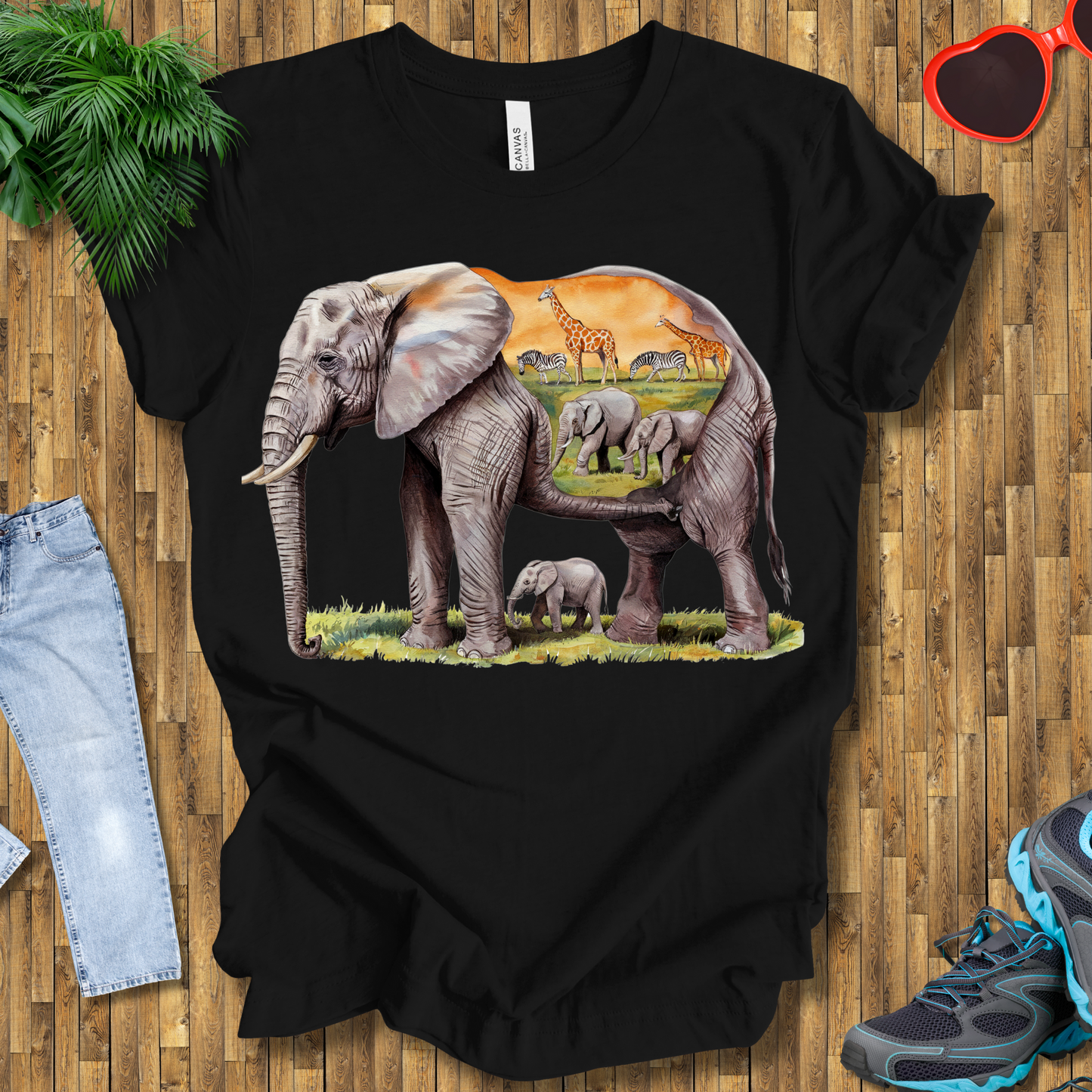 Elephant , Zebras and Giraffes grazing T-Shirt