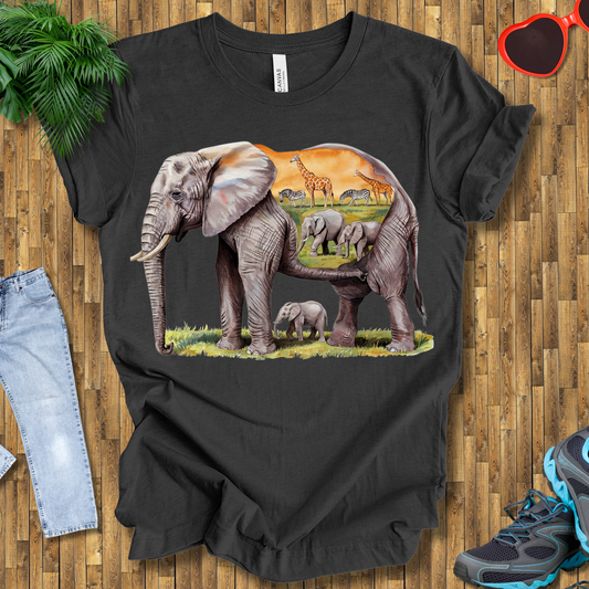 Elephant , Zebras and Giraffes grazing T-Shirt