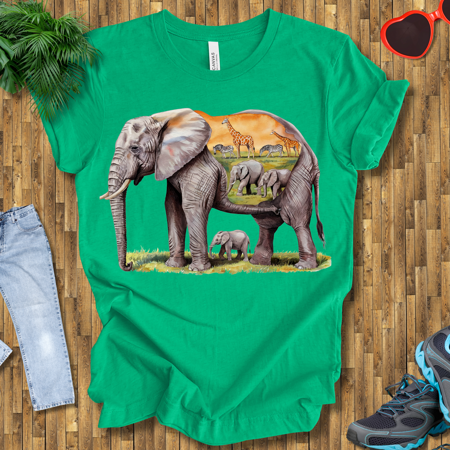 Elephant , Zebras and Giraffes grazing T-Shirt