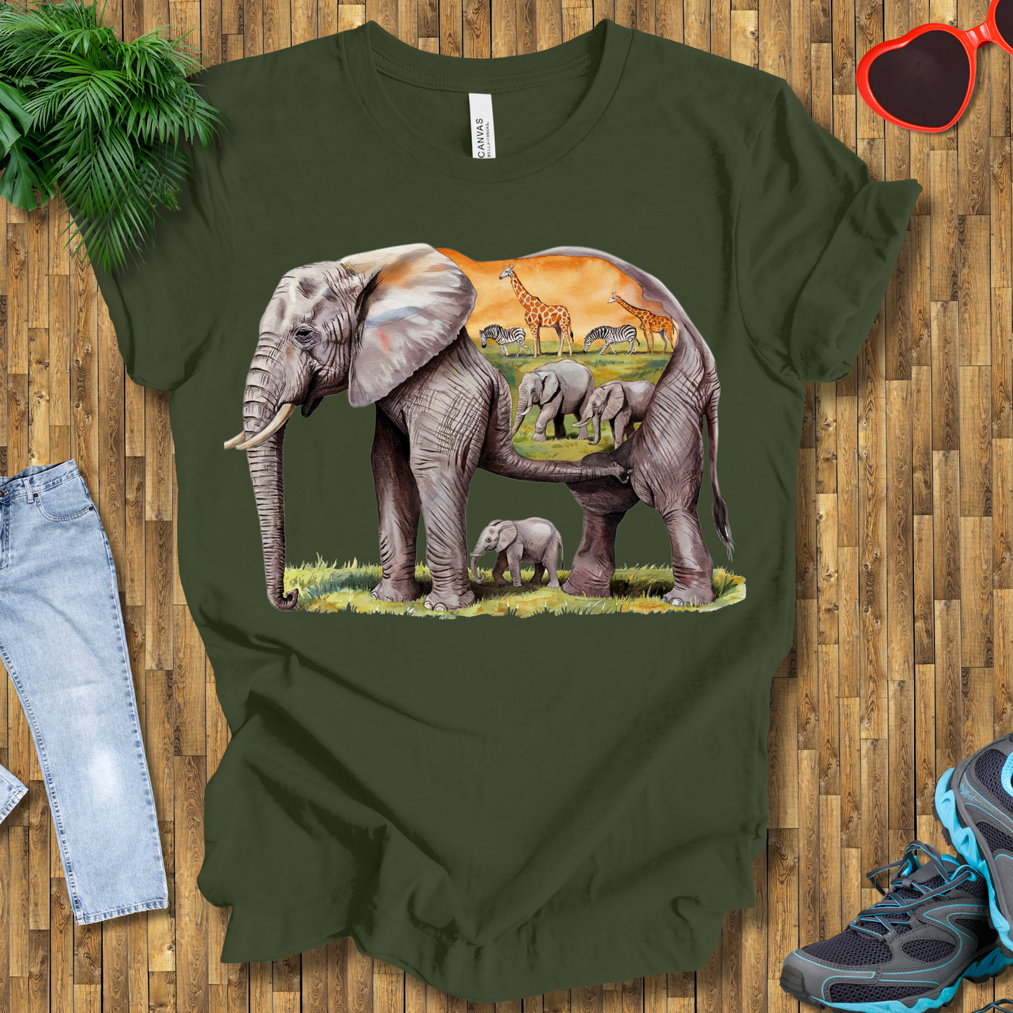 Elephant , Zebras and Giraffes grazing T-Shirt