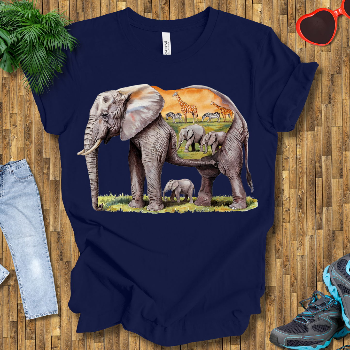 Elephant , Zebras and Giraffes grazing T-Shirt