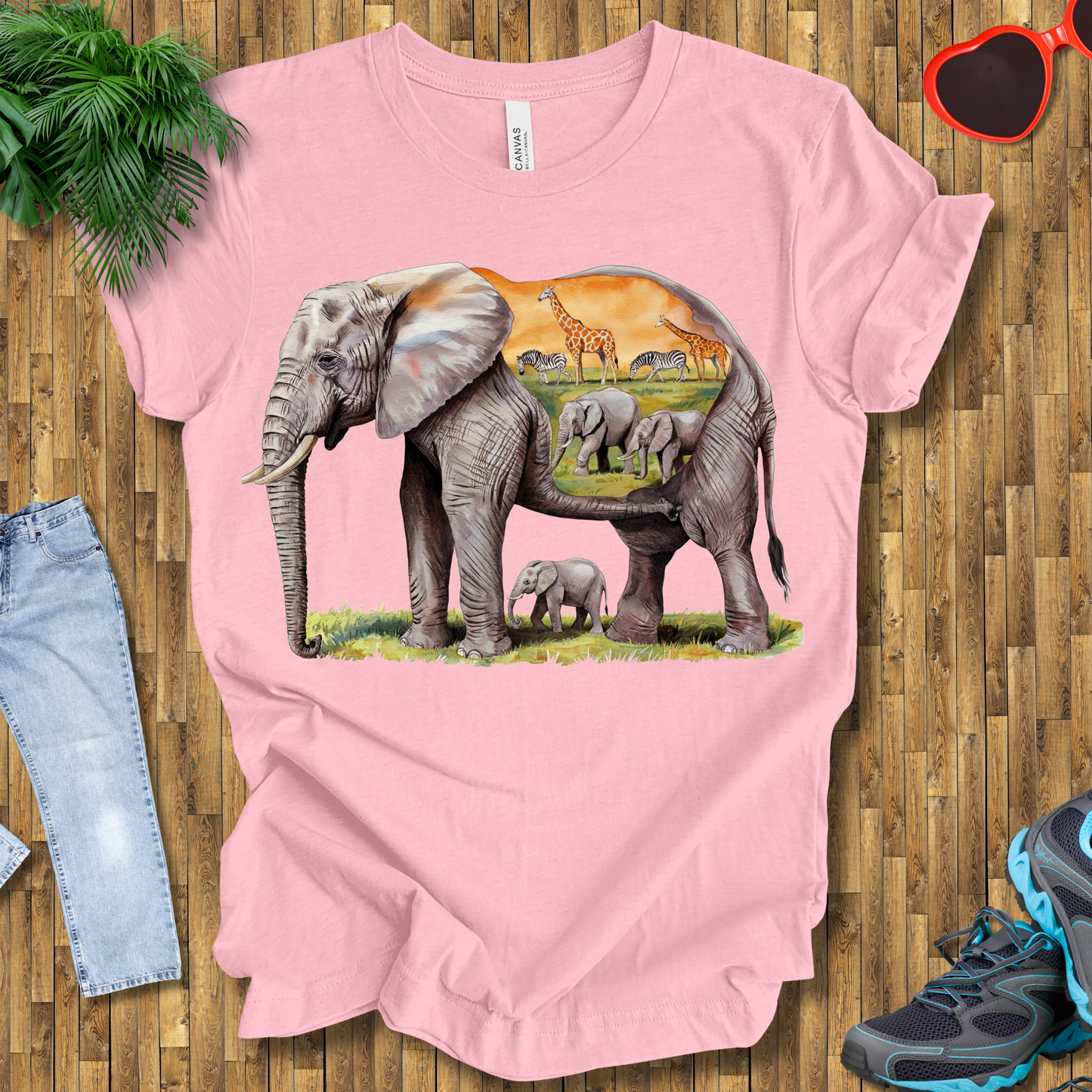 Elephant , Zebras and Giraffes grazing T-Shirt
