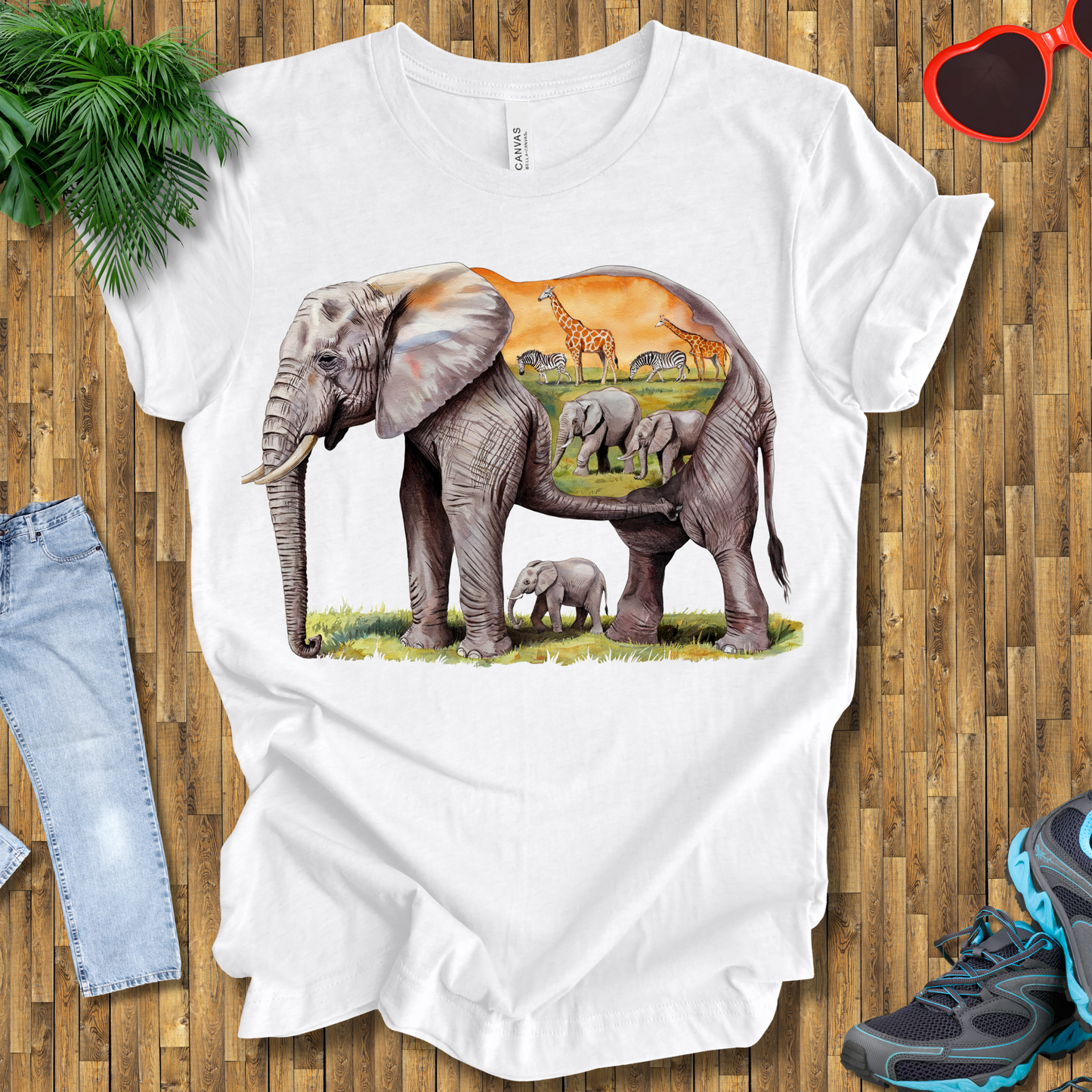 Elephant , Zebras and Giraffes grazing T-Shirt