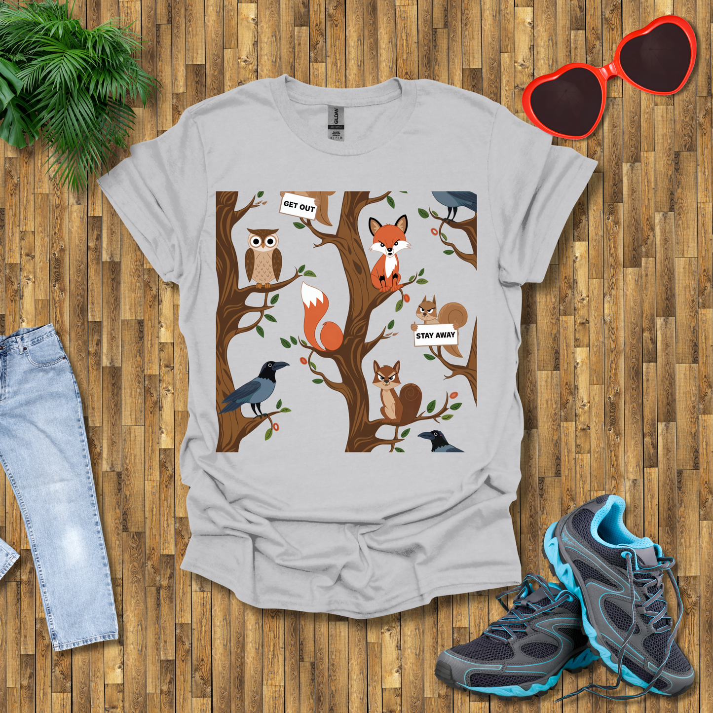 Angry fox ,Owl and Squirrel T-Shirt