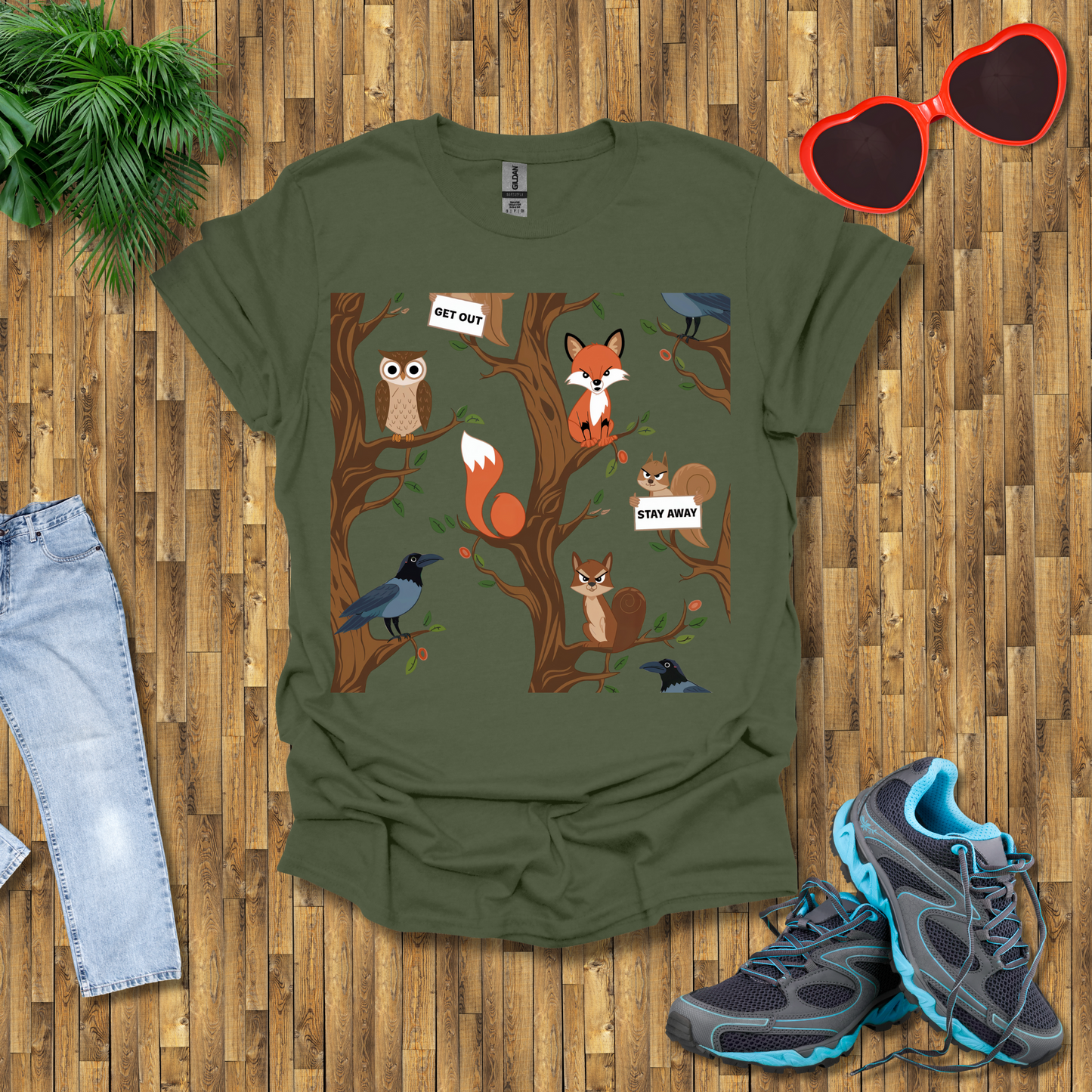 Angry fox ,Owl and Squirrel T-Shirt