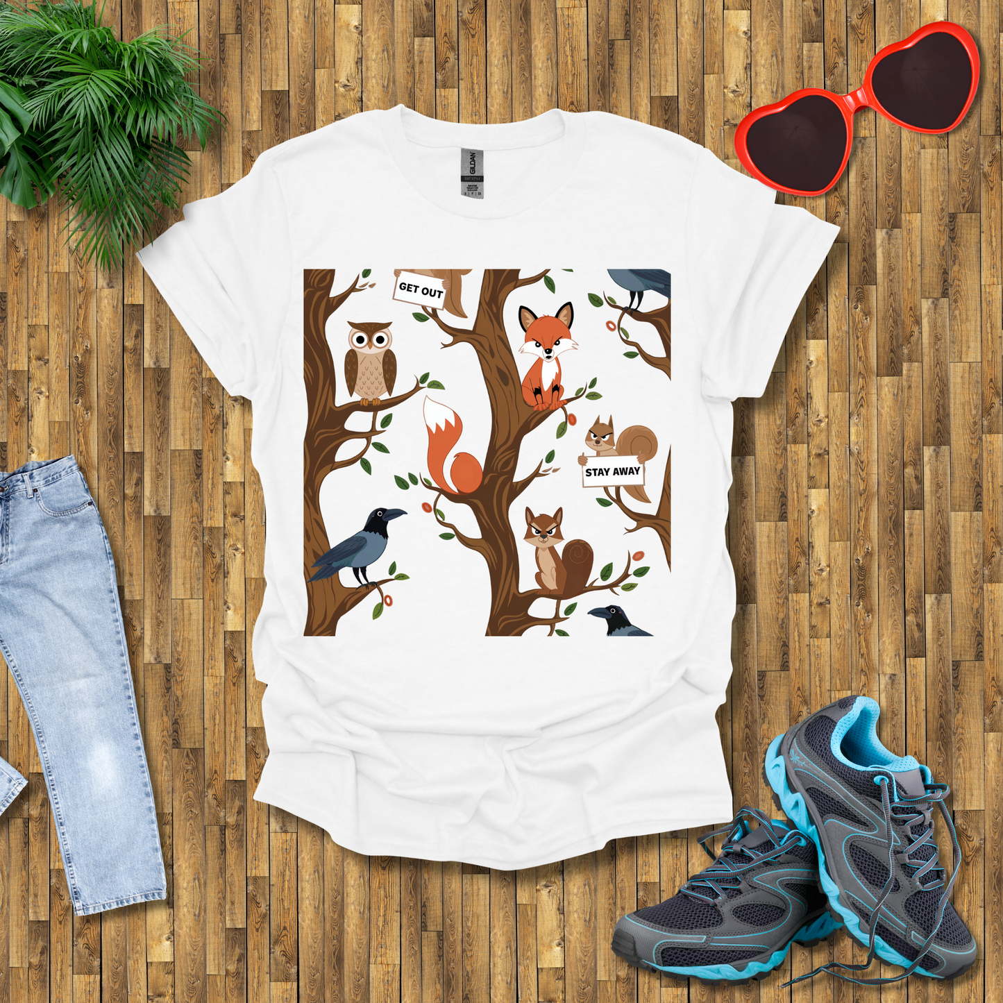 Angry fox ,Owl and Squirrel T-Shirt