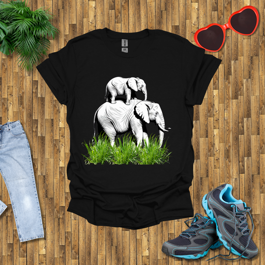 Mother elephant carrying baby elephant T-Shirt